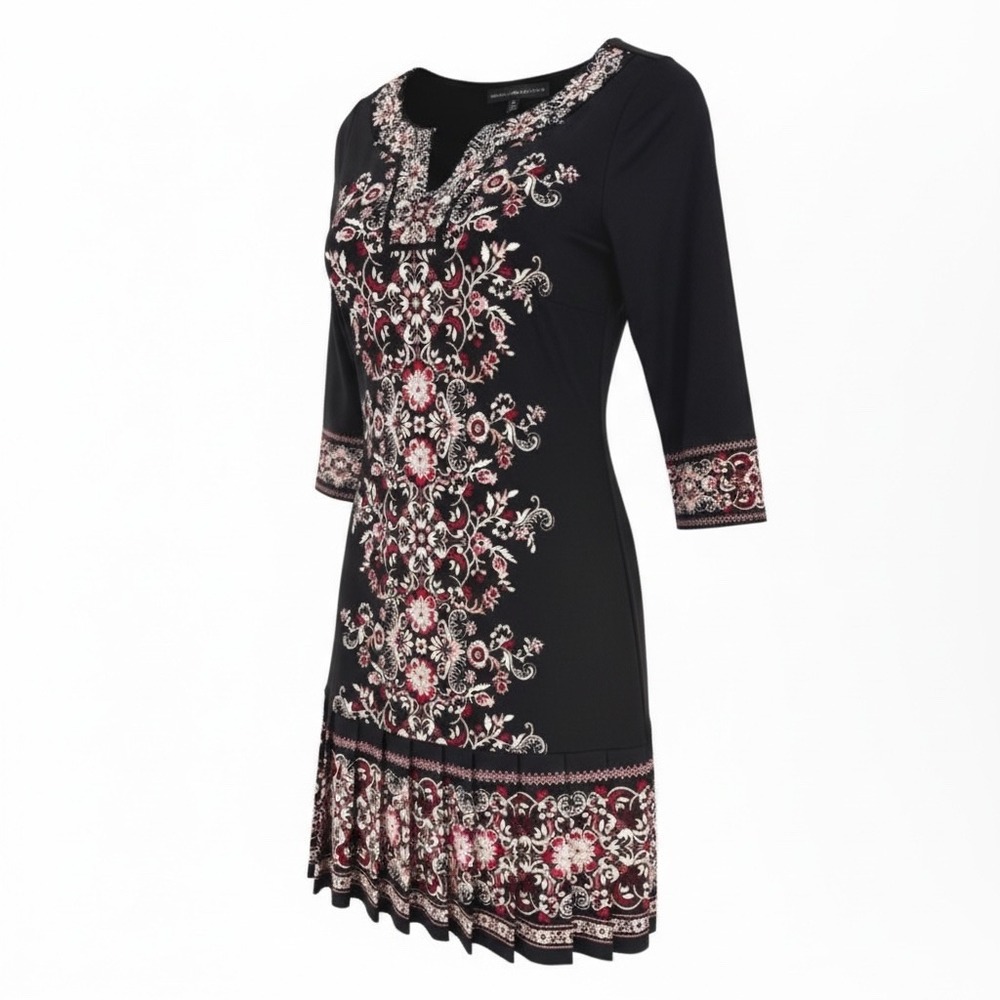 White House Black Market‎ Embroidered Black 3/4 Sleeve V Neck Dress XS
